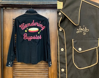 Vintage 1950&#39;s &quot;Wandering Gypsies / Lois&quot; Embroidered Motorcycle Club Black Western Button Down Shirt, Vintage Western, Vintage 1950&#39;s