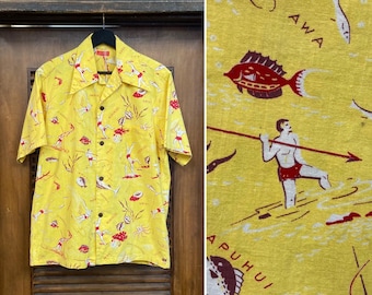 Vintage 1940’s “Kahala” Atomic Spearfisher Cotton Cartoon Short Sleeve Tiki Hawaiian Shirt, Early Design, 1940’s Shirt