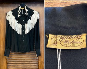 Vintage 1950’s Jet Black Western Cowboy Leather Fringe Rayon Gabardine Cowgirl Rockabilly Shirt Top, Original, 50’s Vintage Clothing