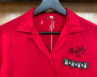 Vintage 1950's Rayon Flocked Print Rockabilly Bowling Shirt Blouse