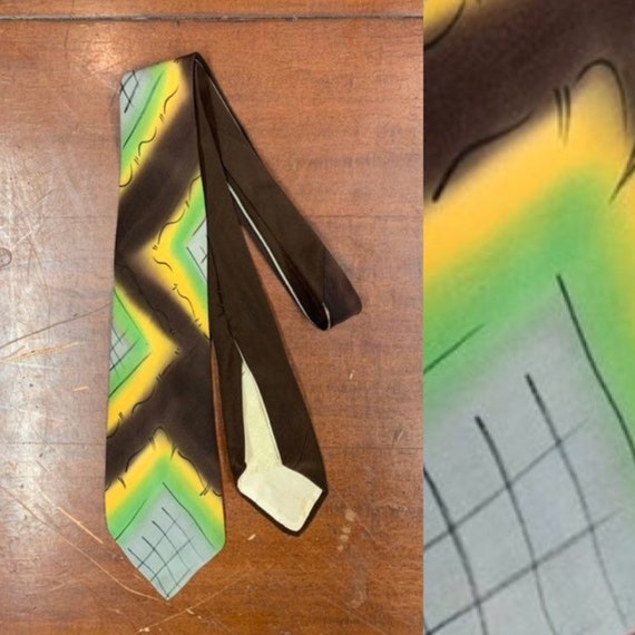 Vintage 1950s Handpainted Brown Tie, 1940s Rockabi