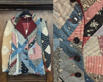 Vintage 1970's Patchwork Blazer Chaqueta con Elementos Calico, Vintage Top, Vintage acolchado, Collar de terciopelo, Ropa Vintage