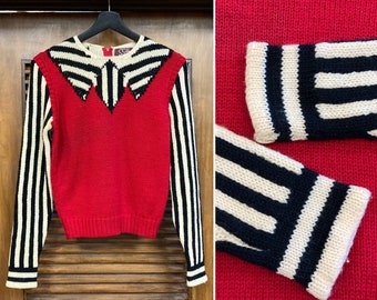 Vintage 1960’s Trompe L’Oeil Mod Stripe Collar Vest Detail Sweater, 60’s Mod Top, Vintage Pullover, Vintage Sweater, 1970s, Vintage Clothing