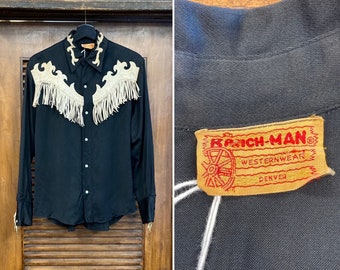 Vintage 1950’s Original “Ranch-Man” Jet Black Rayon Gabardine Fringe Western Cowboy Rockabilly Shirt, Pearl Snap, 50’s Vintage Clothing
