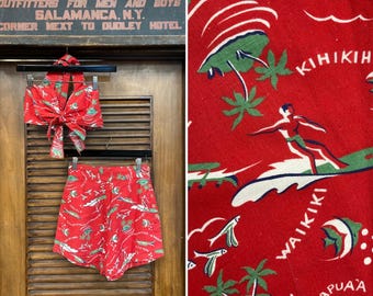Vintage 1930’s Original Cartoon Cotton Two Piece Tiki Hawaiian Deco Swim Suit, 1940s Dress, 1940s Shorts, Swim Suit, 2 Piece, Catalina, Tiki