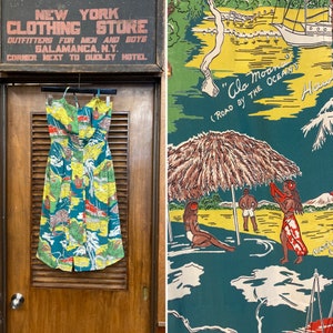 Vintage 1940’s Ala Moana Rayon Island Print Hawaiian Dress, 1940’s Hawaiian Dress, Tiki Dress, Vintage Rayon, Halter Dress
