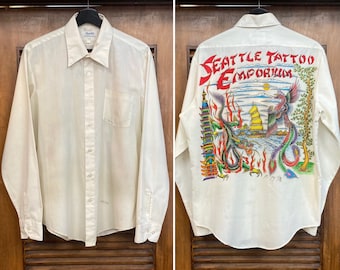 Vintage 1980’s “Seattle Tattoo Expo” Asian Dragon Artwork Drawn Button Down Shirt,  80’s Vintage Clothing