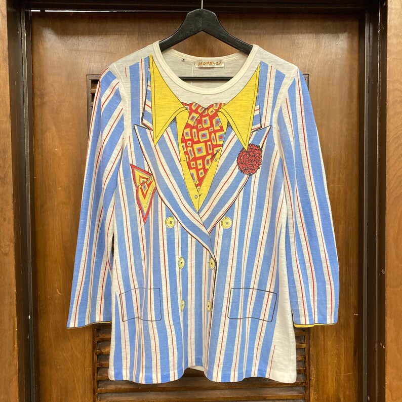 Vintage 1960s Clown Blazer Trompe LOeil Mod Glam Printed Long Sleeve T-Shirt, 60s Tee Shirt, Vintage Clothing image 3