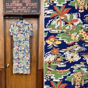 Vintage 1940’s Cartoon Tropical Tiki Silky Rayon Hawaiian Dress, Rayon Dress, Vintage Hawaiian, Tiki Dress, Hostess Dress, Tropical Dress
