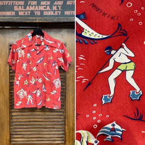 Vintage 1940’s Cartoon Atomic Fish x Spearfisher Cotton Hawaiian Shirt, Loop Collar, Original, 40’s Vintage Clothing