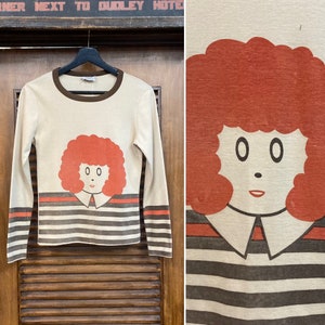 Vintage 1960’s “Orphan Annie” Glam Mod Pop Art Knit Long Sleeve T-Shirt, 60’s Tee Shirt, Vintage Clothing