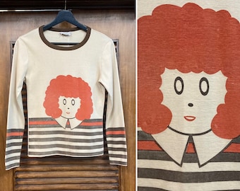 Vintage 1960's "Orphan Annie" Glam Mod Pop Art Knit Long Sleeve T-Shirt, 60's Tee Shirt, Vintage Clothing
