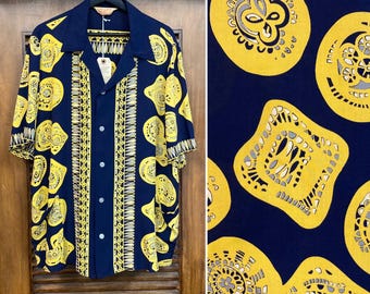 Vintage jaren 1950 maat L 'Royal Palm' Atomic Tiki-rand rayon cabana Hawaiiaans shirt, shirt jaren 1950, shirt jaren 1950