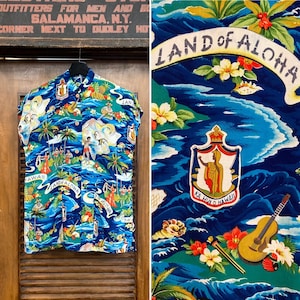 Vintage 1950’s “Land of Aloha” Crepe Tiki Teatimer Cabana Hawaiian Shirt Top, Hale Hawaii, 1950’s Shirt