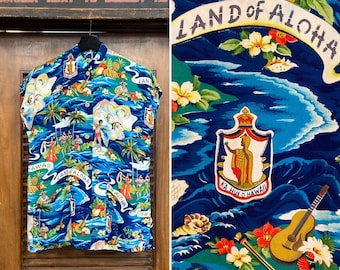 Vintage 1950’s “Land of Aloha” Crepe Tiki Teatimer Cabana Hawaiian Shirt Top, Hale Hawaii, 1950’s Shirt