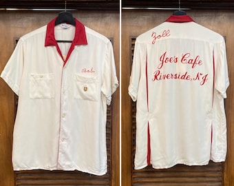 Vintage 1950’s Joe’s Cafe Rayon Gabardine Bowling Rockabilly Shirt, Embroidered, Loop Collar, 1950’s Shirt