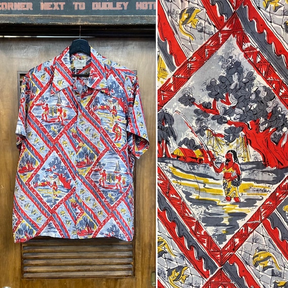 Vintage 1950’s Size L Atomic Cartoon Natives Silk Tiki Hawaiian Shirt, Neck Loop, 1950’s Shirt, 50’s Vintage Clothing