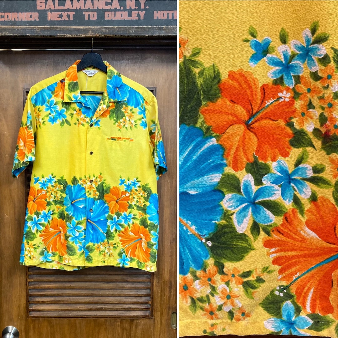 Vintage 1960's Tiki Floral Border Loop Collar Cotton