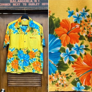 Vintage 1960’s Tiki Floral Border Loop Collar Cotton Hawaiian Shirt, 60’s Tropical Shirt, Vintage Clothing