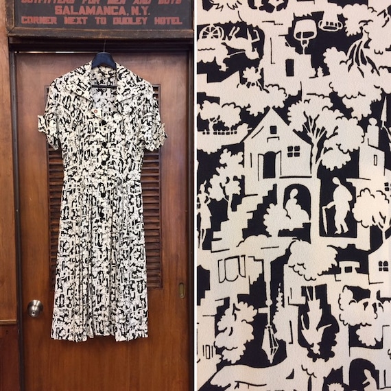 Vintage 1940’s Black & White Novelty Print Rayon … - image 1