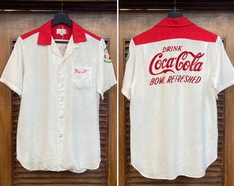 Vintage 1950’s Coca-Cola Soda Flocked Detail Rayon Bowling Shirt, 50’s Vintage Clothing