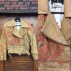 Vintage 1980’s Coffee Bean Sack Motorcycle Style Jacket, Custom Vintage Burlap, Biker Inspired, Jeanette Kastenberg, Vintage Clothing
