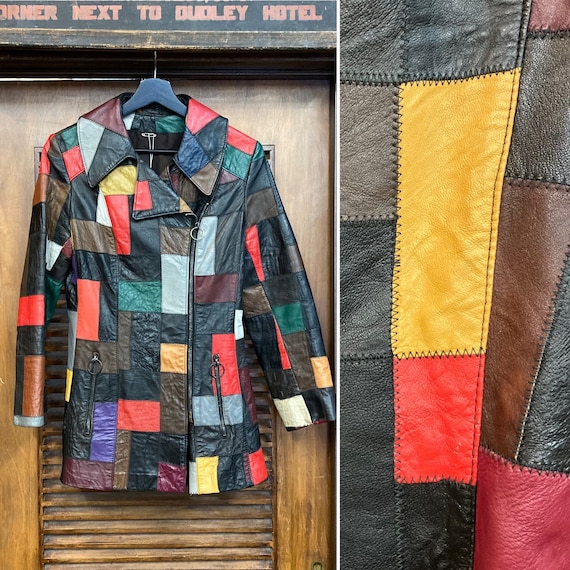 Vintage 1960's Mod Patchwork 3/4 Length Offset Zipper Jacket, 60's