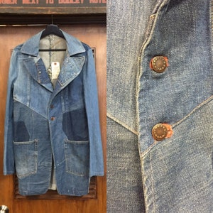 Vintage 1970s Peak Lapel Denim Patchwork Blazer Jacket, Vintage Coat, Recycled Denim, Vintage Clothing image 1