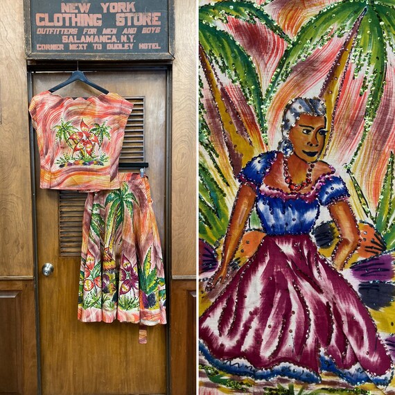 Vintage 1950’s Two Piece Tropical Sequin Mexican … - image 1