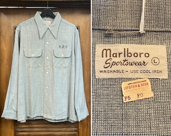 Camisa vintage de los años 40, talla L, de rayón, con estampado de cuadros y monograma RBC de "Marlboro", cuello con lazo, estilo rockabilly swing. Camisa de los años 40 y 50.