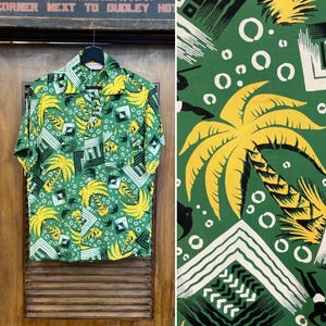 Vintage 1950’s -Deadstock- Atomic Fish x Palm Tree Silky Rayon Hawaiian Shirt, Loop Collar, Never Worn, 1950’s Shirt