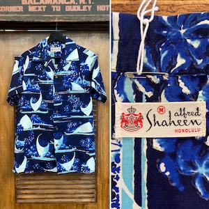 Vintage 1950’s “Shaheen’s” Atomic Boat Tiki Cotton Loop Collar Hawaiian Shirt, Original, 1950’s Shirt, 50’s Vintage Clothing