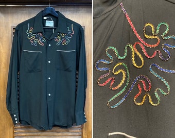 Vintage 1950’s Jet Black Western Cowboy Rayon Loop Collar Rockabilly Shirt, Great Details, No Fade, 50’s Vintage Clothing