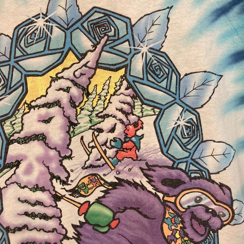 Puede incluir: Camiseta te&ntilde;ida con un dise&ntilde;o invernal. Un oso morado con gafas de esqu&iacute; desciende por una ladera nevada. El dise&ntilde;o incluye &aacute;rboles cubiertos de nieve, un esquiador y un borde floral decorativo en azul y blanco.