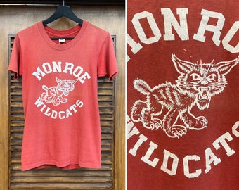 Vintage 1970’s Monroe Wildcats Athletic Team School Cotton Tee Shirt, 70’s Tube Tee, 70’s T Shirt, Vintage Clothing