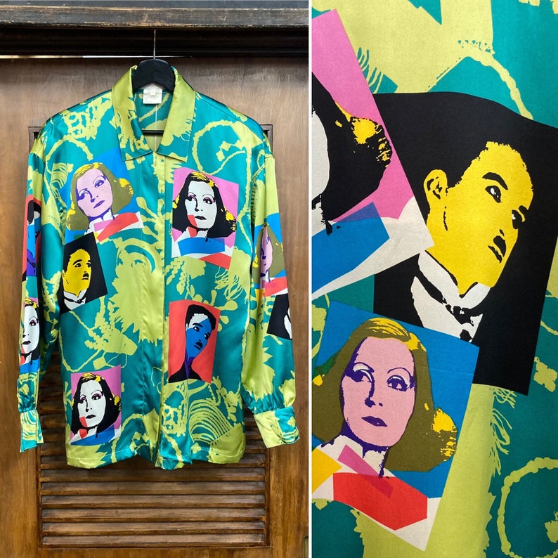 Vintage 1980s Escada Label Chaplin Garbo Pop Art Silk Shirt, 80s New Wave, Vintage Pop Art, Vintage Silk Shirt, Vintage Clothing image 1