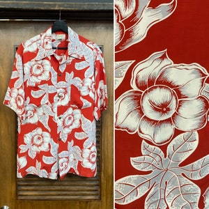 Vintage 1940’s Size L “Shaheen’s” Floral Silky Rayon Print Hawaiian Shirt, 40’s Tiki, Vintage Clothing