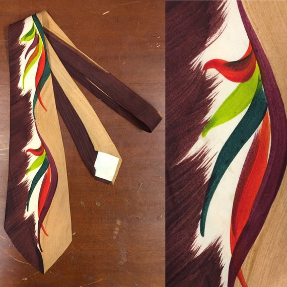 Vintage 1950s, Brown Tie, With Exotic Leaf Design,