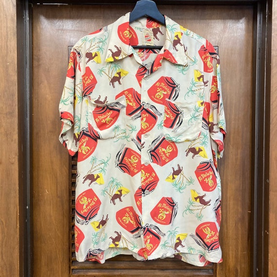 Vintage 1950's Size L Shriner Fez Tiki Rayon Print Hawaiian Vintage 1950's Size L Shriner Fez Tiki Rayon Print Hawaiian