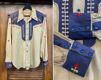 Vintage 1940’s Rare Style Western Cowboy Gabardine Embroidery Rockabilly Shirt, 40’s Football Stitch, Vintage Clothing