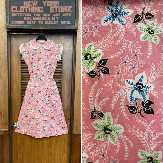 Vintage 1940’s Pink & Black Cotton Floral Print R… - image 1