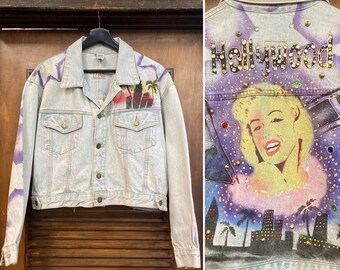 Vintage 1980’s Hollywood Artwork Marilyn Monroe Denim Cropped Jacket, 80’s Denim Jacket, 80’s Airbrush Artwork, Vintage Clothing