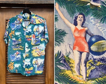 Vintage 1950’s Florida Photoprint Tiki Silky Rayon Hawaiian Shirt, 50’s Loop Collar, Vintage Clothing