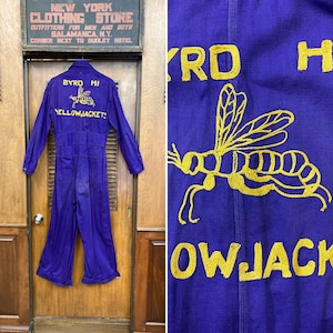 Vintage 1930s Yellow Jackets Athletic School Purple Workwear Outfit, Vintage 1930s Coveralls, Vintage Workwear, Chainstitch, Embroidered image 1