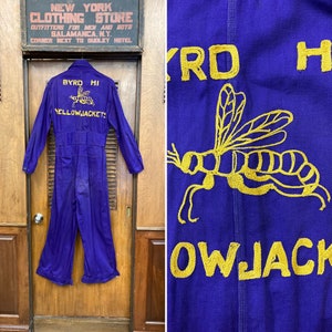 Vintage 1930’s Yellow Jackets Athletic School Purple Workwear Outfit, Vintage 1930’s Coveralls, Vintage Workwear, Chainstitch, Embroidered