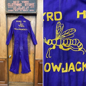 Vintage 1930s Yellow Jackets Athletic School Purple Workwear Outfit, Vintage 1930s Coveralls, Vintage Workwear, Chainstitch, Embroidered image 1