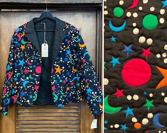 Vintage 1980’s -Deadstock- Quilted Stars x Moons Black Background Rare Style Jacket, 80’s Blazer, Vintage Clothing