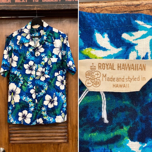 Vintage 1960’s “Royal Hawaiian” Tiki Mod Floral Cotton Barkcloth Hawaiian Shirt, 60’s Loop Collar, Vintage Clothing