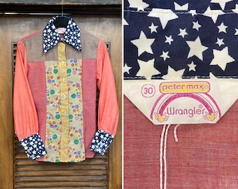 Vintage 1960’s Original “Peter Max” Wrangler Pop Art Mod Blouse Shirt Top, 60’s Star Print, Vintage Clothing