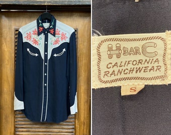 Vintage 1950's Tamaño S "H Bar C" Western Cowboy Rayon Gabardine Rockabilly Camisa, Botones Pearl Snap, Ropa Vintage de los años 50